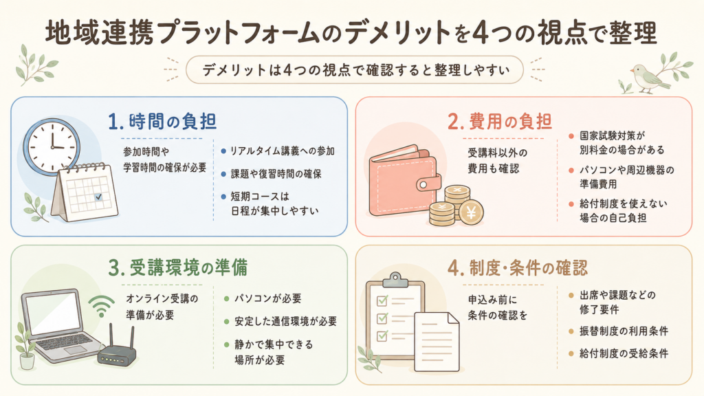 7つのデメリットを「時間」「費用」「受講環境」「制度」の4分類で整理する図解