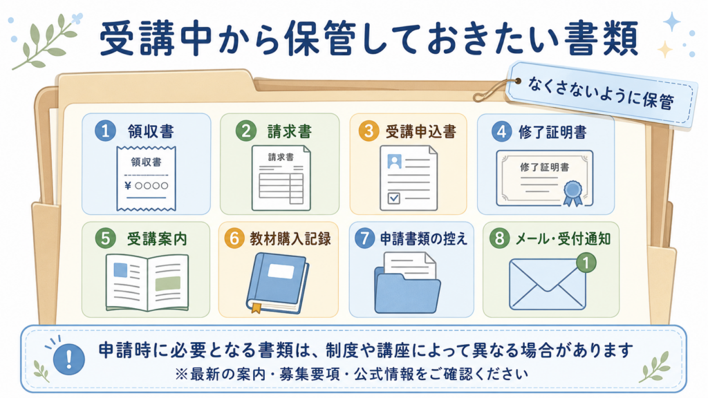 受講前・受講中・修了後に保管する書類一覧