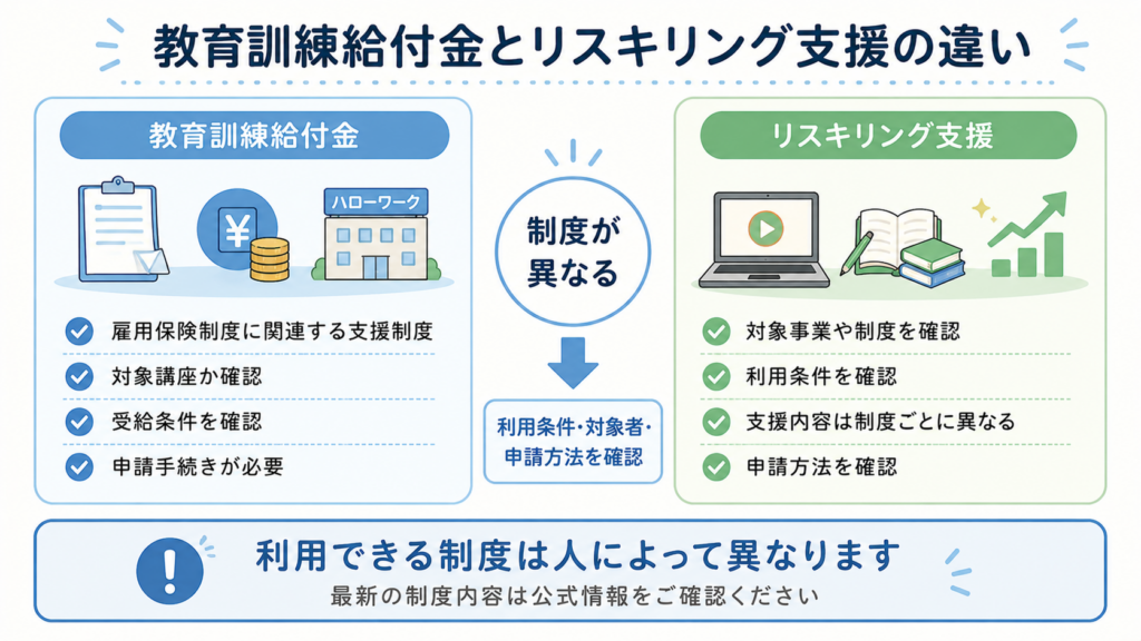 教育訓練給付金とリスキリング支援の違いを整理する図