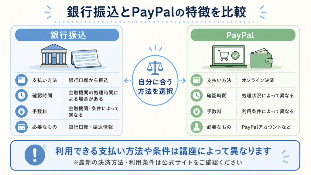 銀行振込とPayPalの違いを比較する図解