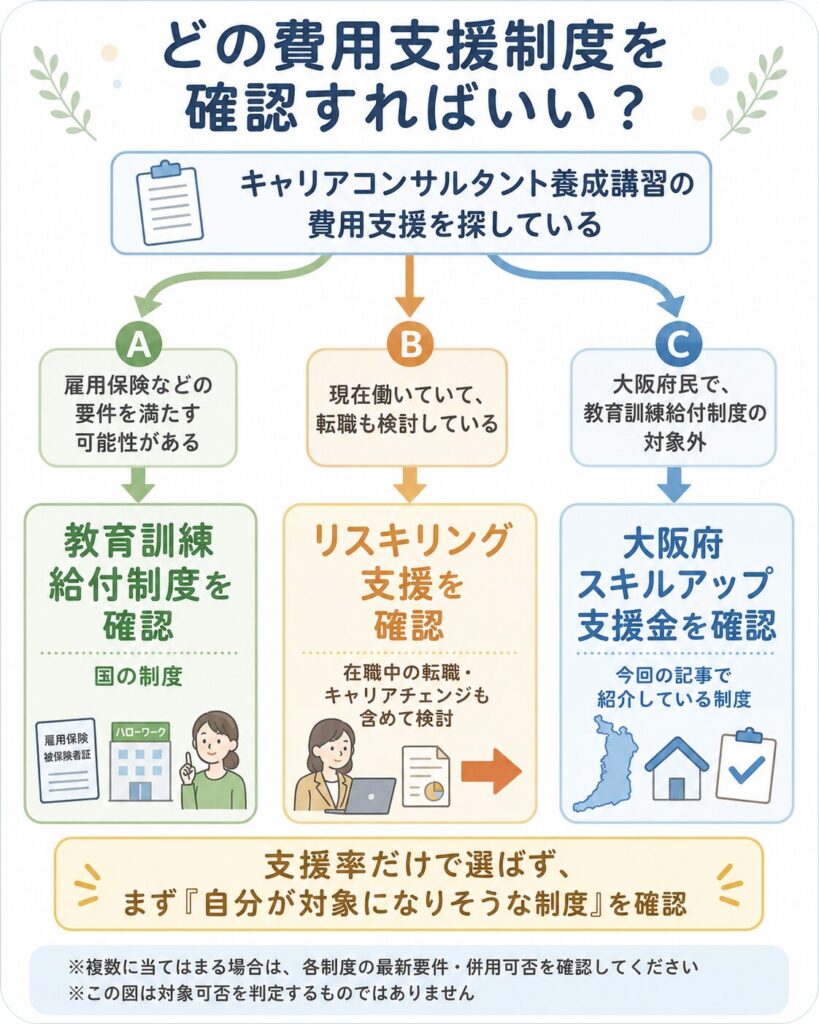 キャリアコンサルタント養成講習で、どの費用支援制度を確認すればいい？