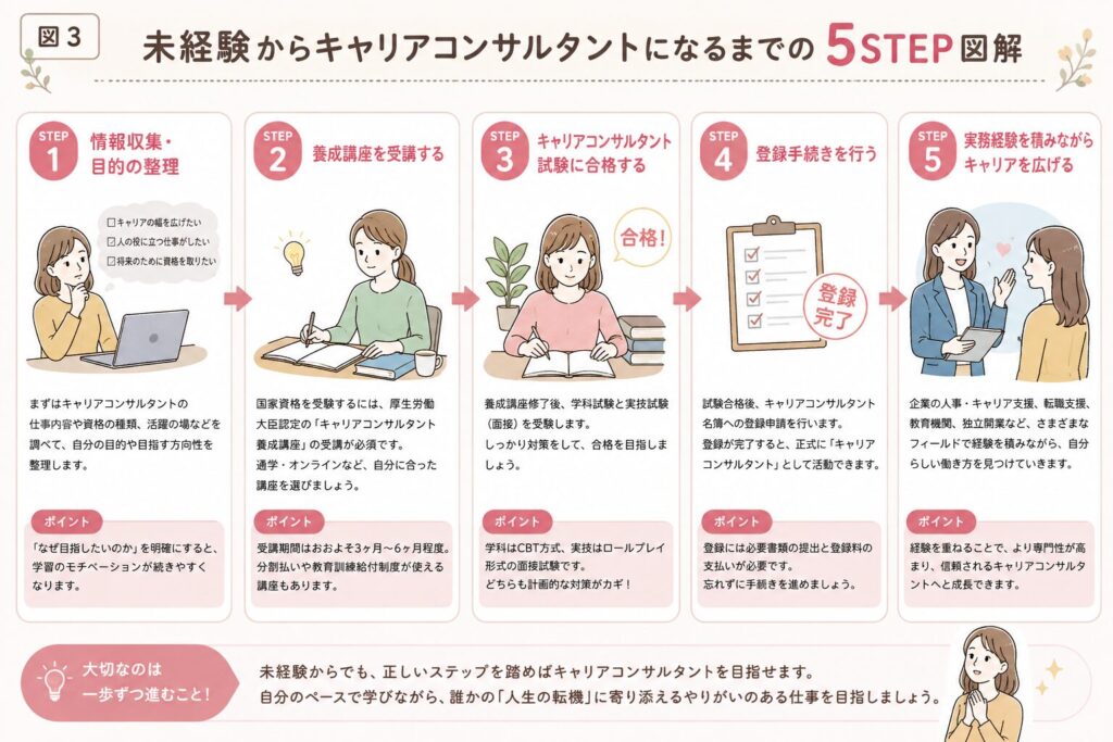 未経験からキャリアコンサルタントになるまでの5STEP図解