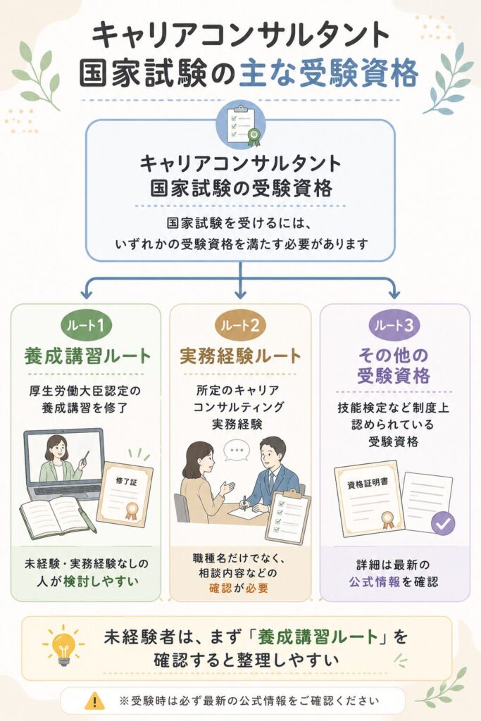 キャリアコンサルタント国家試験の主な受験資格3ルート
