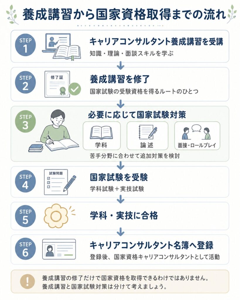 養成講習→国家試験対策→国家試験→合格・登録までの流れ