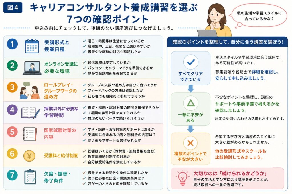 キャリアコンサルタント養成講習を選ぶ7つの確認ポイント